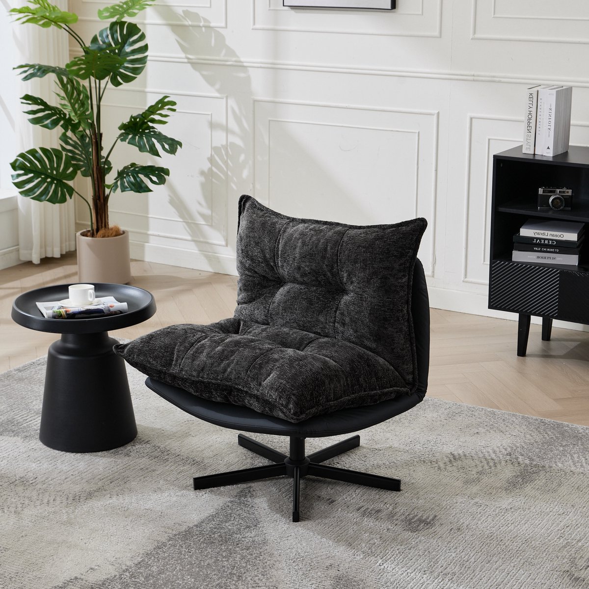 REDOM Draaibare Relaxfauteuil - Verstelbare Rugleuning En 360° Draaifunctie - Industrieel - Metaal En Polyester - Zwart Grijs Zwart+Grijs