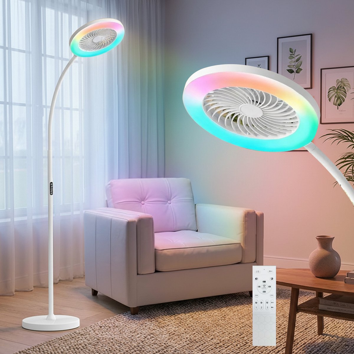 Rosnek Staande Ventilator met Lamp - 183cm Vloerventilator met Flexibele RGB Verlichting - Stille Ventilator Lamp - Touch & Afstandsbediening - Kantoor - Wit