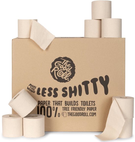 Doos met toiletrollen met de tekst 'LESS SHITTY PAPER THAT BUILDS TOILETS 100% TREE FRIENDLY PAPER THEGOODROLL.COM'.