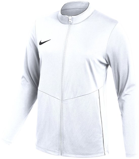 Witte Nike Dri-Fit trui voor dames met zwarte swoosh op de borst en ritssluiting.