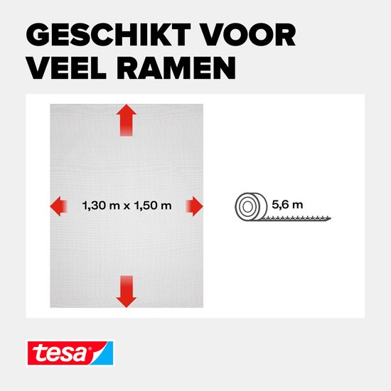 Tesa Polyester gaas met afmetingen 1,30 m x 1,50 m en een rol van 5,6 m. Geschikt voor veel ramen.