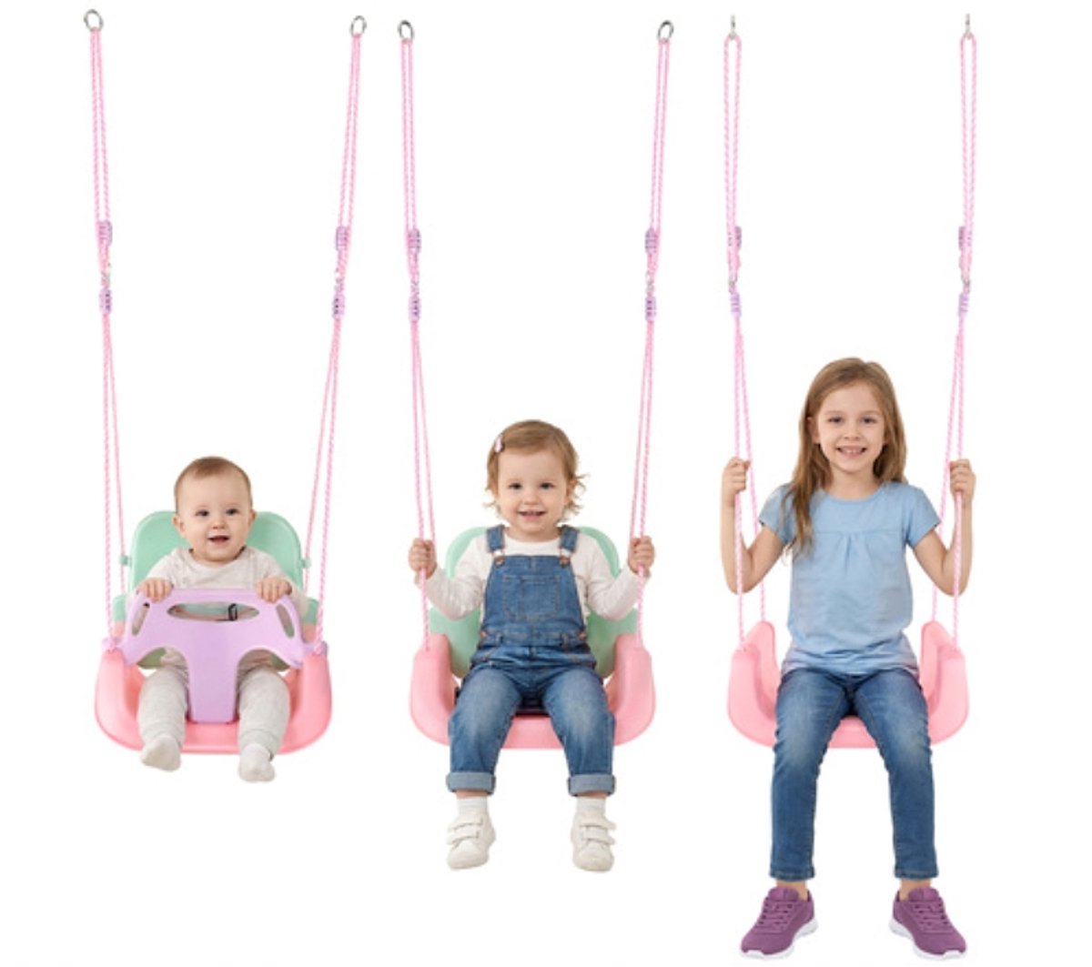 3-in-1 Kinderschommel met Rugleuning & Veiligheidsbeugel – Verstelbare Touwen 120-150 cm – Binnen & Buiten – Max 30 kg – baby schommel met rugleuning – baby swing seat – schommel met veiligheidsgordel – 62750 — afbeelding 4