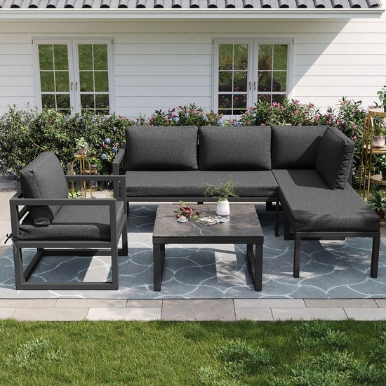 BLACKCOLORS Ensemble de jardin en corde, ensemble de jardin, canapé d'angle avec cadre en fer galvanisé, pieds réglables, incluant tous les coussins d'assise et de dossier, gris