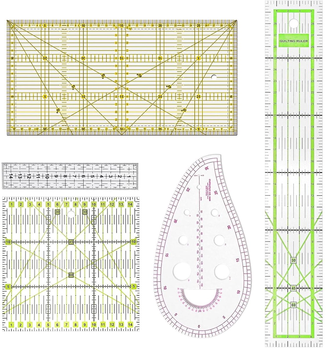 Patchwork Liniaal Set - Naai Liniaal Set - Stof Snijden - Antislip Voeten - 15x15 15x30 - Transparant