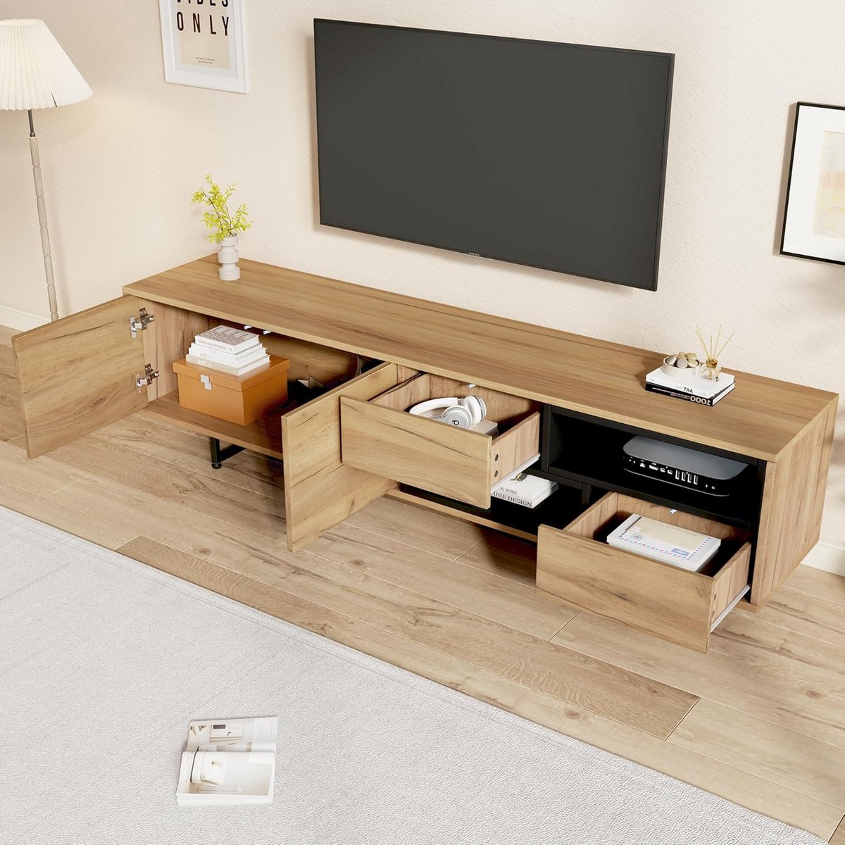 Lage TV Kast - Media Meubel - Woonkamer Opbergen - Veelzijdige Opbergruimte - 173 x 38 x 48 cm - Houtkleur