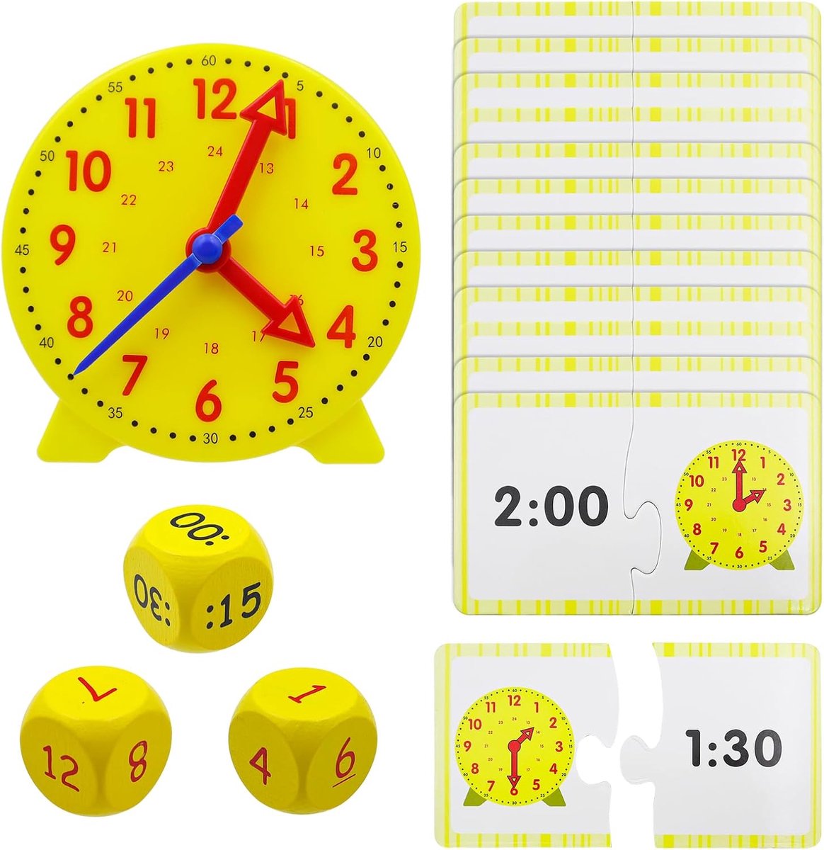 Educatief horloge - Leerklok spel - Tijd leren - Inclusief 12 kaarten - 12 cm klok - Geel