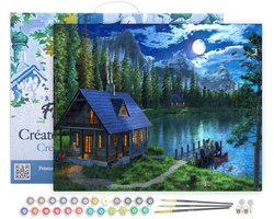 Schilderen op Nummer - Handwerk Acrylverf - Ontspanning Creativiteit - Canvas met lijst - 40x50 cm - Nachtelijk meer