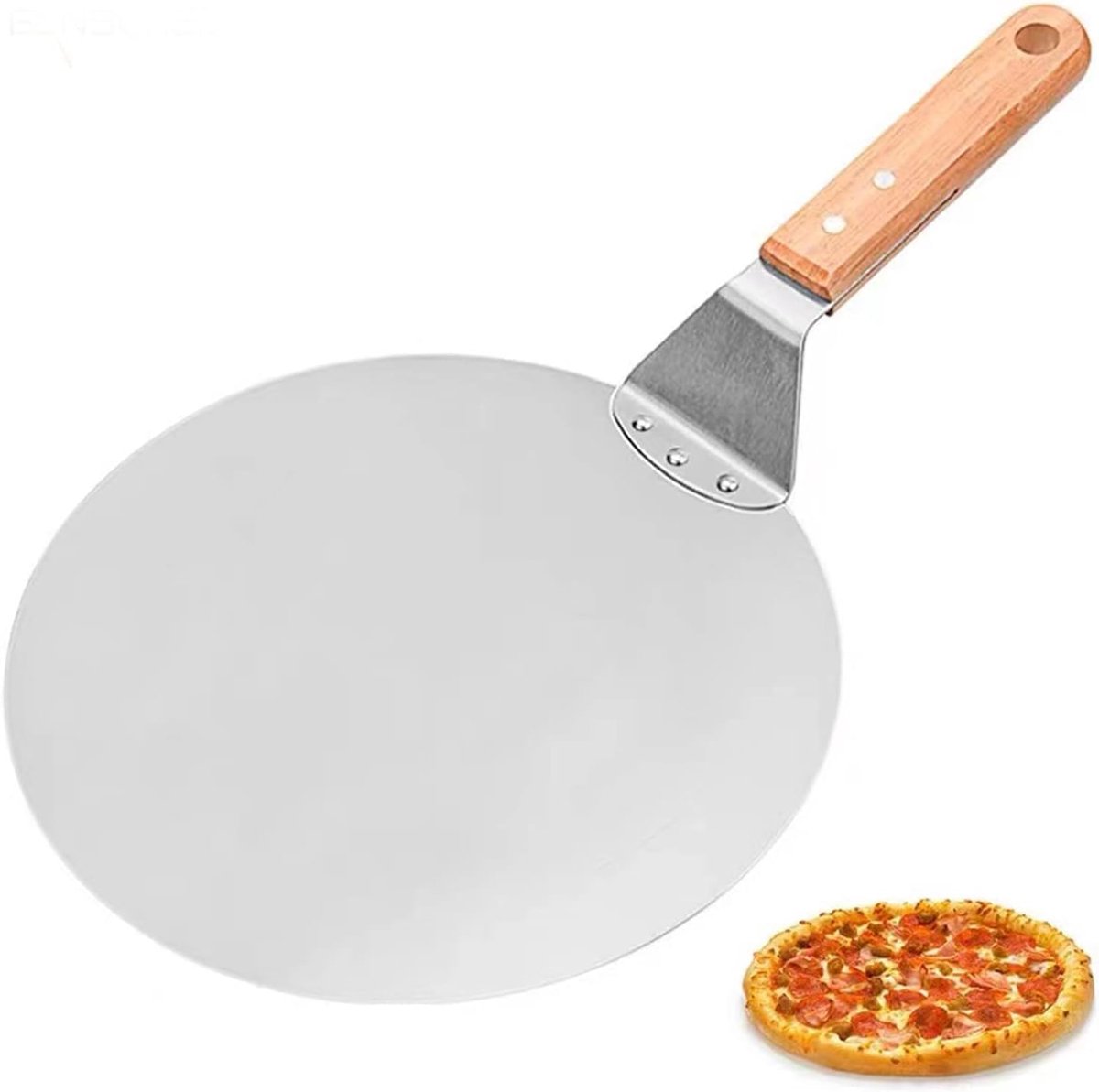 Pizzaschep 25,5×25,5 cm rond – 14 cm houten steel, RVS, voor pizza, pannenkoeken, taart