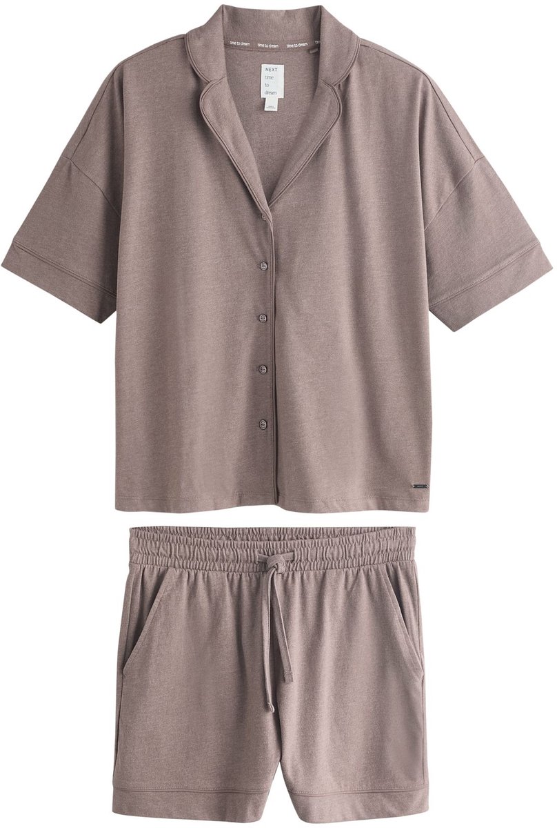 Next - Dames - Korte jersey pyjamaset met doorknoopsluiting - Bruin
