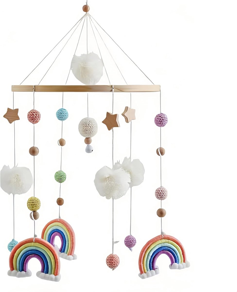 Babybed Mobiel - Houten Windspel - Babykamer Decoratie - Handgemaakt Beukenhout - 25 x 23 cm - Oranje Regenboog