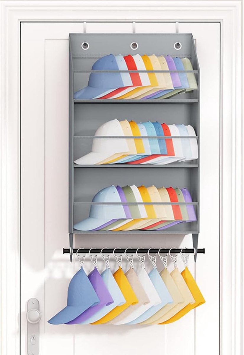 Petten Organizer - Hoedenrek - Opbergen Kast - Over Deur Montage - 78x42x19cm - Grijs
