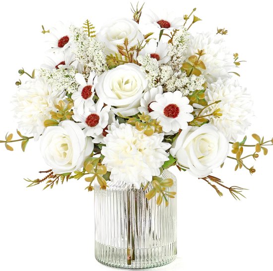 5 Tiges, Bouquet de Fleurs Artificielles, Bouquet de Roses Artificielles en Soie, Décoration de Fleurs Marguerite Table à Manger Mariage Fête Décoration Intérieure (Blanc)