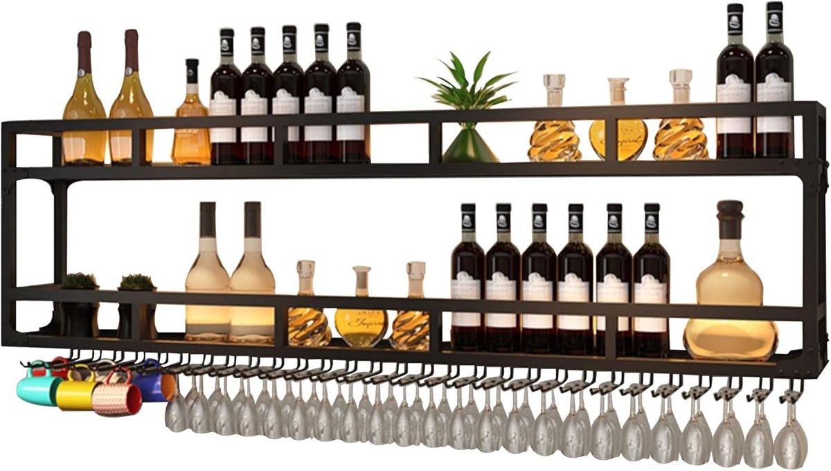 Wandrek Drankflessen - Bar Plank - Thuisbar Inrichten - Ruimtebesparend Ontwerp - Zwart