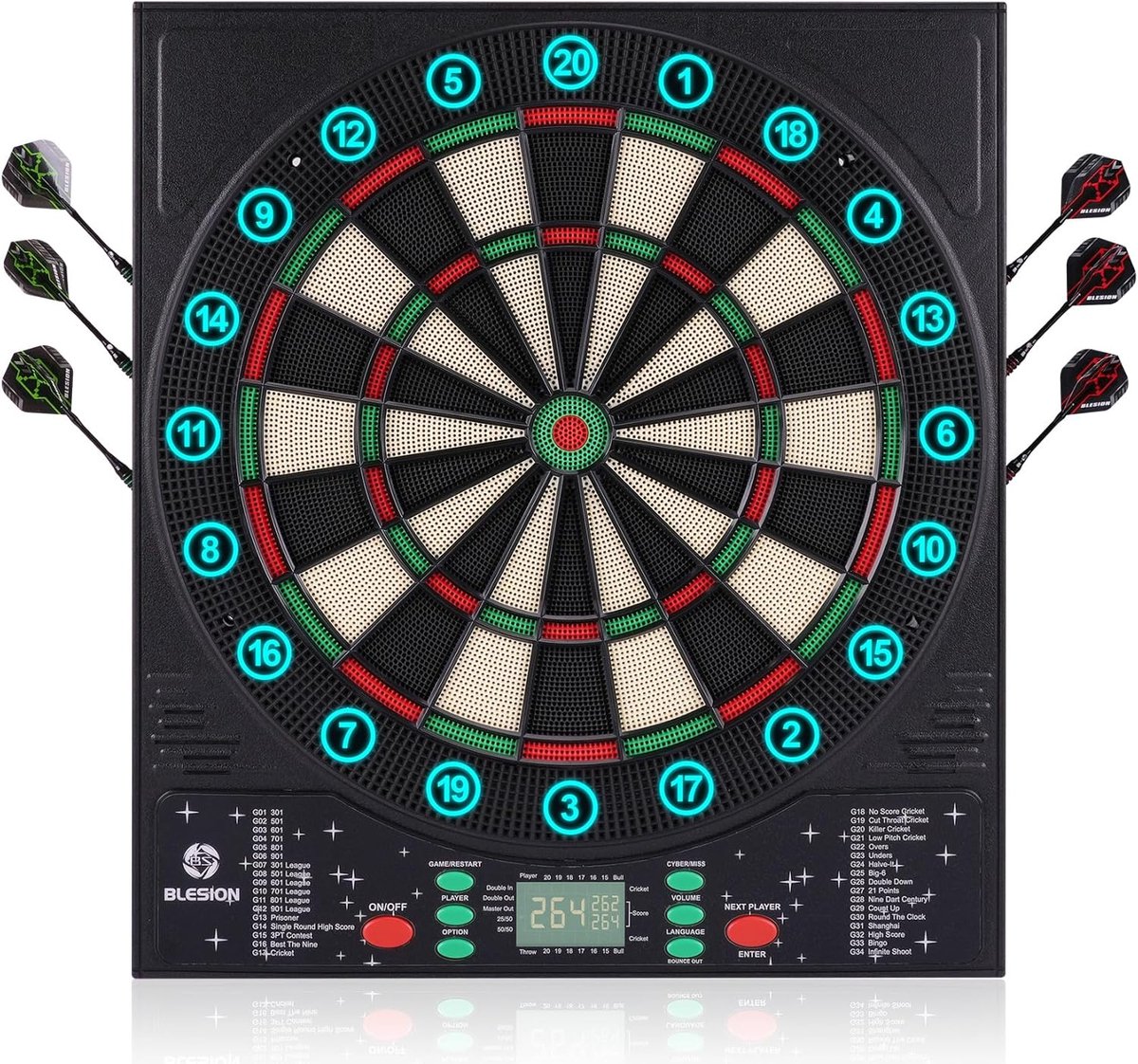 Elektronisch dartbord - Dartautomaat - Thuis spelplezier - Duitse stem feedback - 35cm trefoppervlak - Zwart wit groen rood