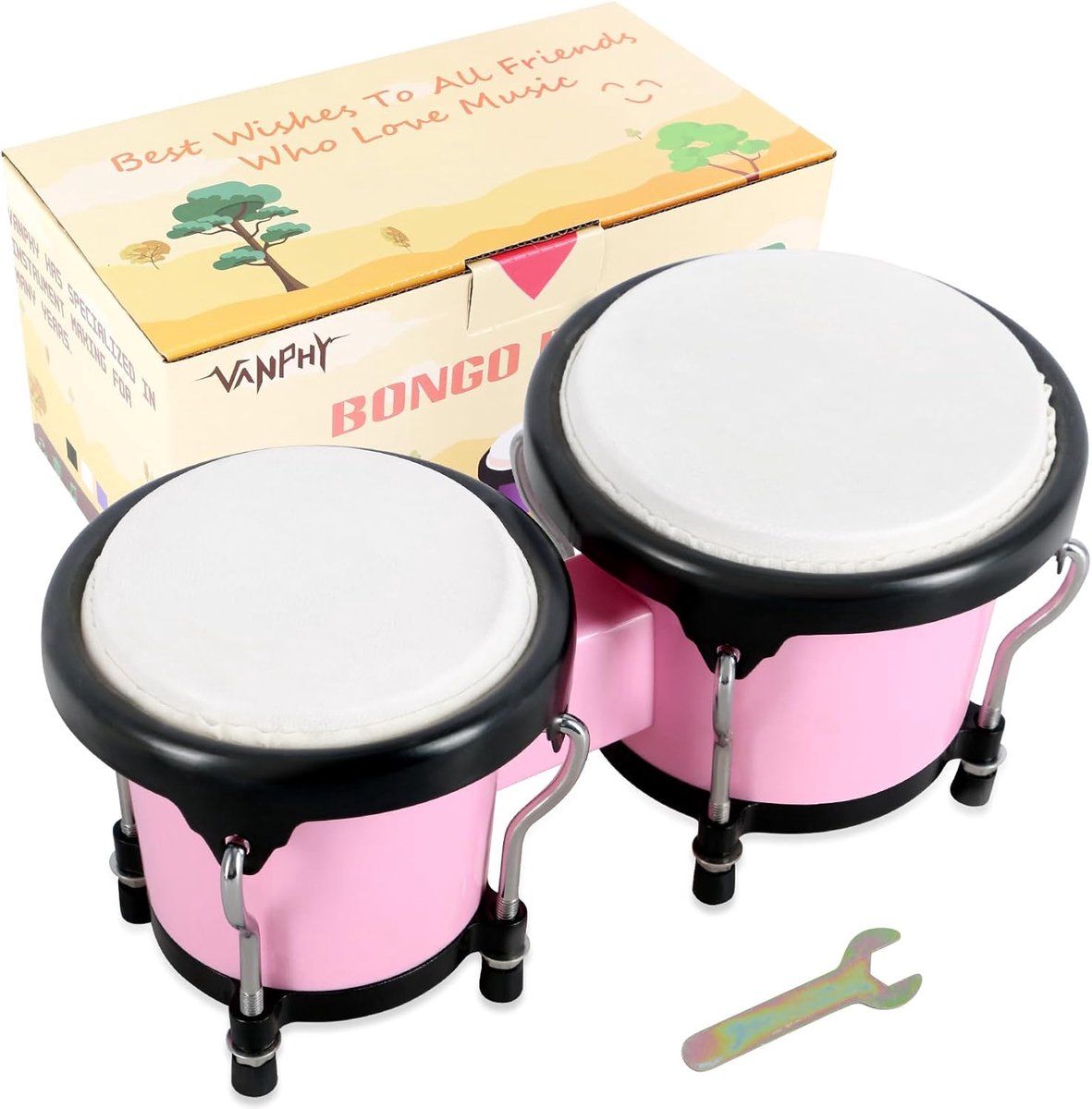 Percussie Bongo's Set - Handtrommels - Muziek Maken - Inclusief Stemsleutel - 4 en 5 inch - Roze