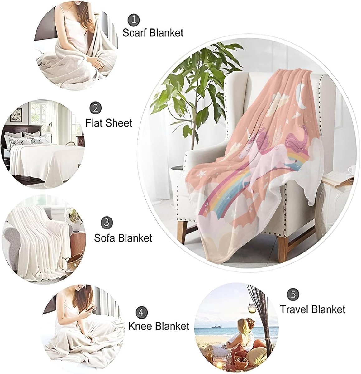 Flanellen Dekens - Zachte Plaid - Koude Avonden - Eenhoorn Droom Patroon - 100 x 150 cm - Perzik Roze — cadeau in Wonen & Interieur - foto 6