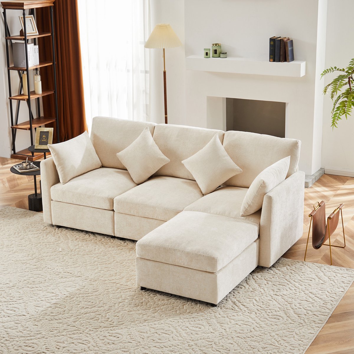 Wishdor Hoekbank Met Verplaatsbare Hocker - Chenille - Beige - 216 x 161 x 81 cm