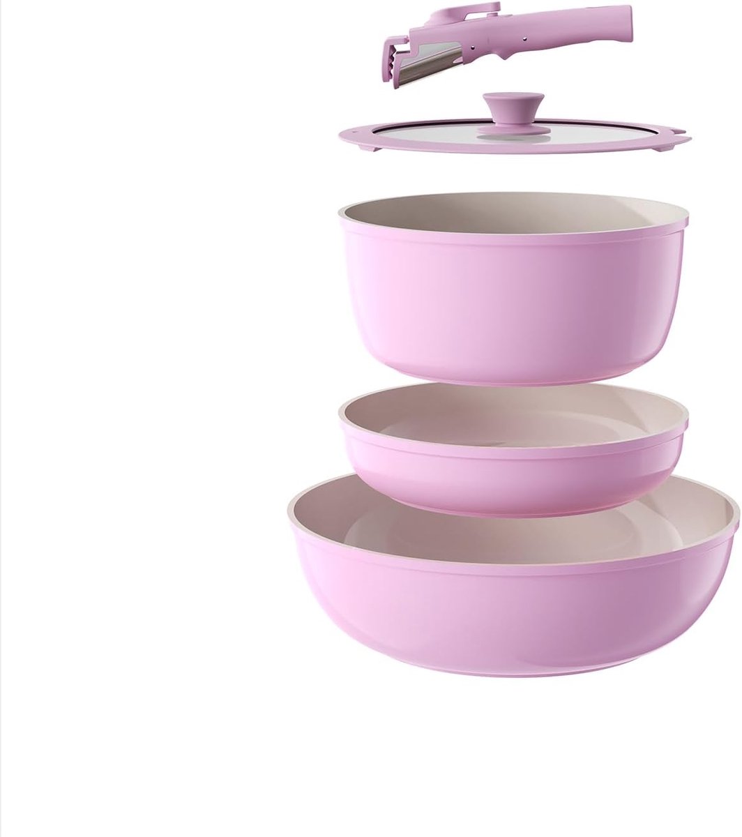 Kookgerei Set - Pannen Set - Compacte Keuken - Afneembaar Handvat - 5 Delig - Roze