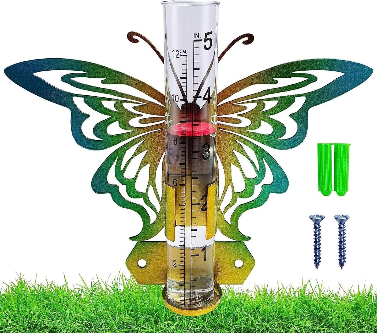 Vlinder Regenmeter - Tuindecoratie Weer - Tuinieren Weerdata - Zonne-energie Verlichting - Glazen Cilinder - Gekleurd Decor