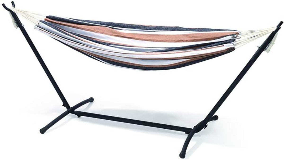 Hangmat Met Standaard - Schommeldoek - Ontspannen Buiten - Inclusief Houten Standaard - 100kg Max - Bruin
