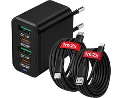 USB-C Snellader 50W 4-Poorts – QC 5.0 USB + PD3.0 USB-C – Inclusief 2x 1M USB-C + 2x 1M Lightning Kabel – Geschikt voor iPhone & Samsung – Zwart