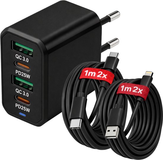 USB-C Snellader 50W 4-Poorts – QC 5.0 USB + PD3.0 USB-C – Inclusief 2x 1M USB-C + 2x 1M Lightning Kabel – Geschikt voor iPhone & Samsung – Zwart