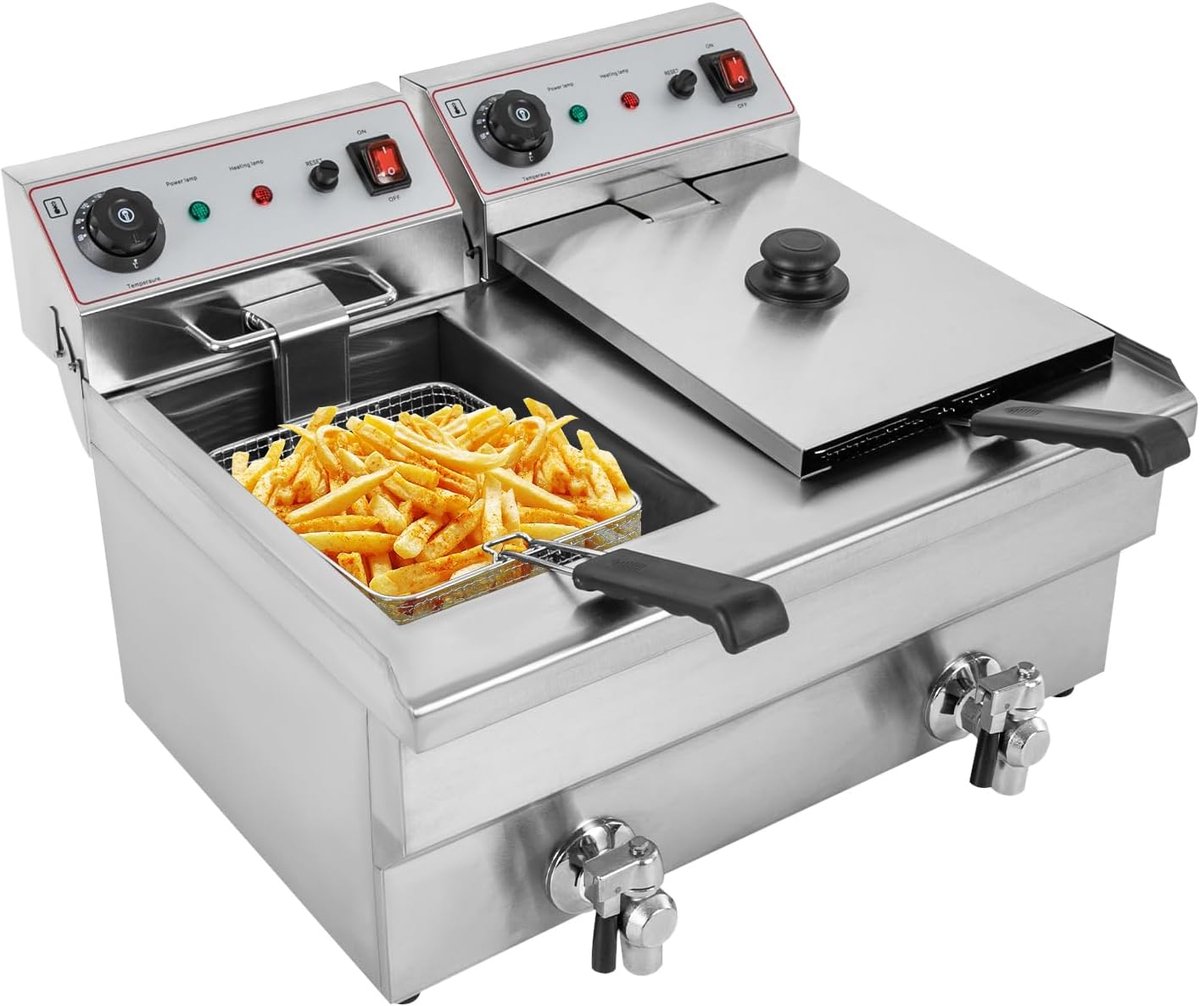 Dubbele Frituurpan - Professionele Frituur - Grote Keuken - Temperatuurregeling - 2x 10L Inhoud - Zilver