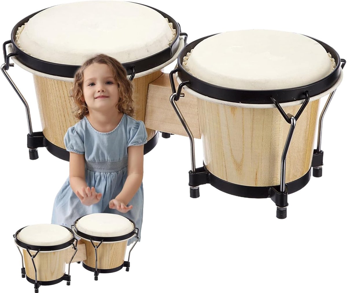 Bongo Trommels - Percussie Instrument - Muziek Leren - Mahonie Hout - 6 en 7 Inch - Houten Kleur