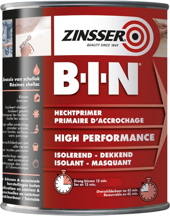 Zinsser B-I-N schellak primer, wit. "HECHTPRIMER", "HIGH PERFORMANCE", "ISOLEREND - DEKKEND". Droogt in 15 min.