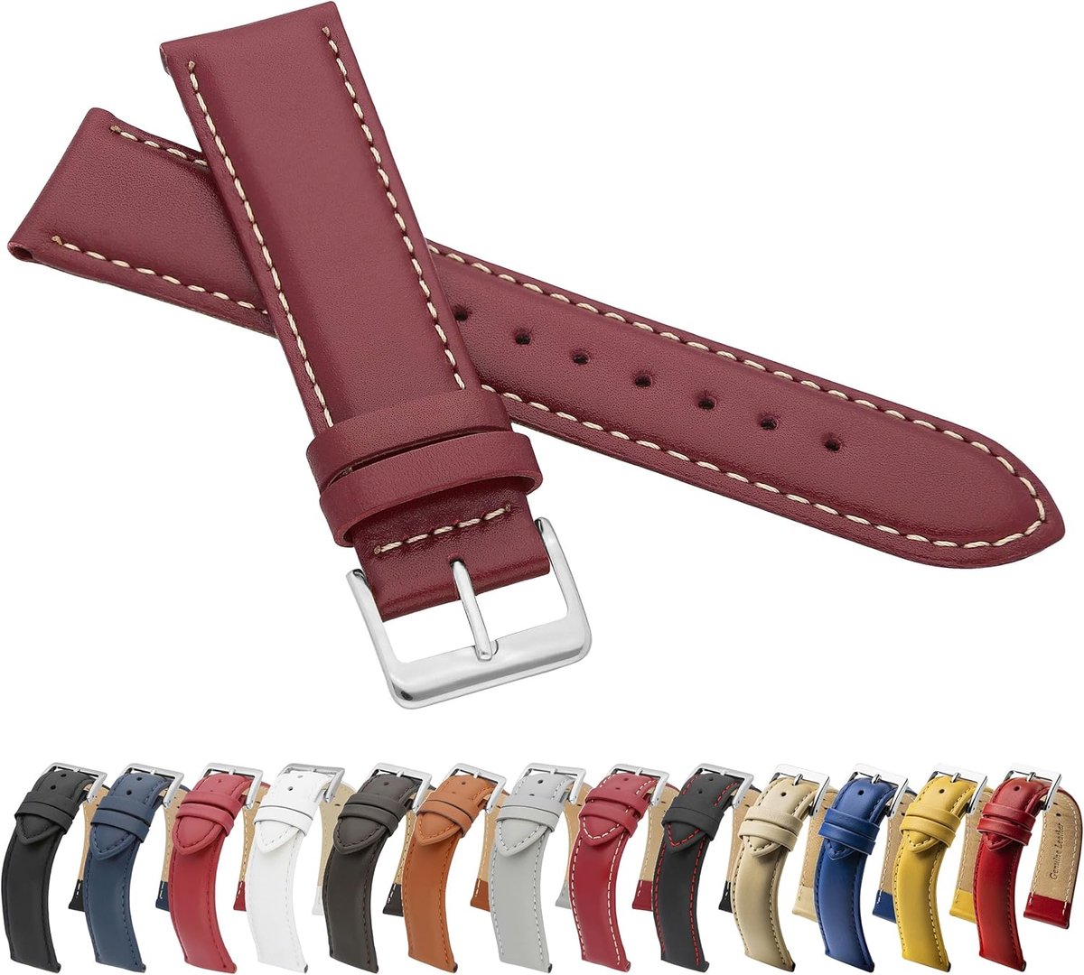 Leren Horlogeband 16 mm Rood-Wit Glad Echt Rundleer