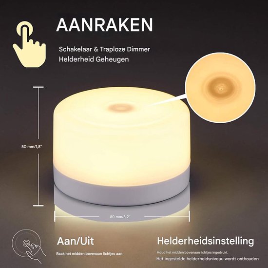 longziming - Nachtlampje - Tafellamp - Touch lamp - 1 stuk - Draadloos - Oplaadbaar via Type-C - 500mAh - Oneindig dimbaar - Met helderheidsgeheugen - Magnetisch - Warm zacht licht - Voor babykamer, slaapkamer en kamperen van Merkloos — afbeelding 5