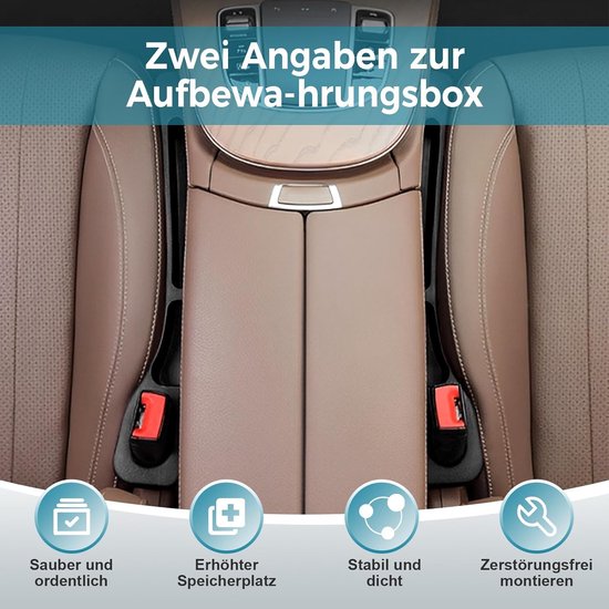 Twee bruine leren autostoelen met zwarte organizers in de spleet, met tekst over netheid en opbergruimte.