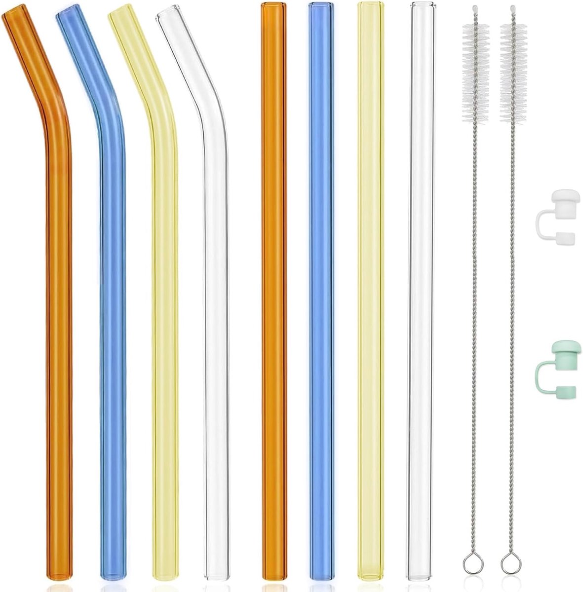 Herbruikbare Glazen Rietjes Set (8 Stuks) - Rechte & Gebogen, Kleurrijk