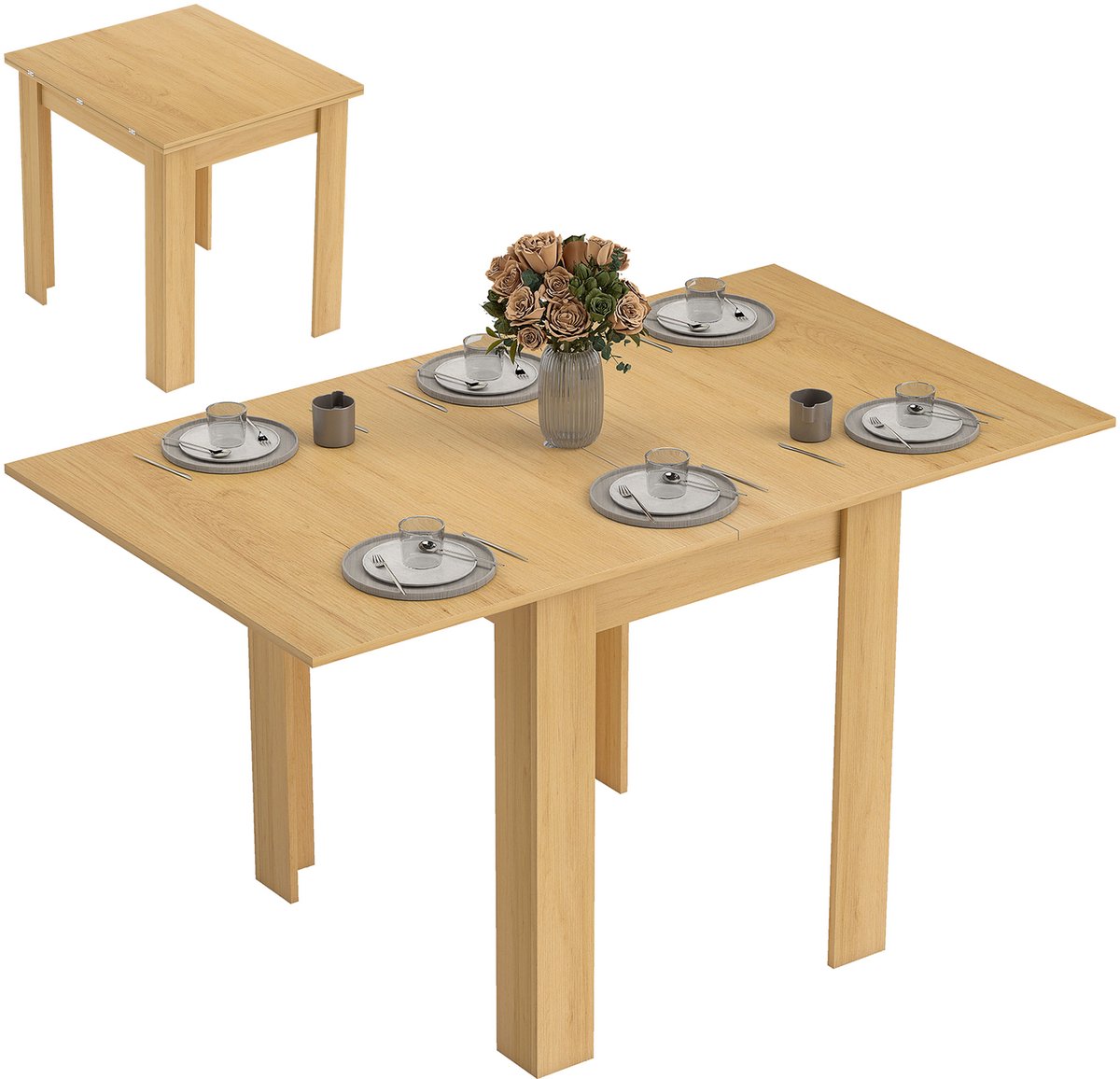 HOMCOM Uitschuifbare Eettafel - Spaanplaat - 140x80x77,5cm - Natuurlijk Hout