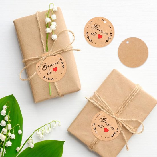 100 stuks bedanketiketten met hart - cadeauetiketten - krachtetiketten - 5 x 5 cm - rond - etiketten met koord voor doop - eerste communie - bruiloft van Merkloos	 — afbeelding 3