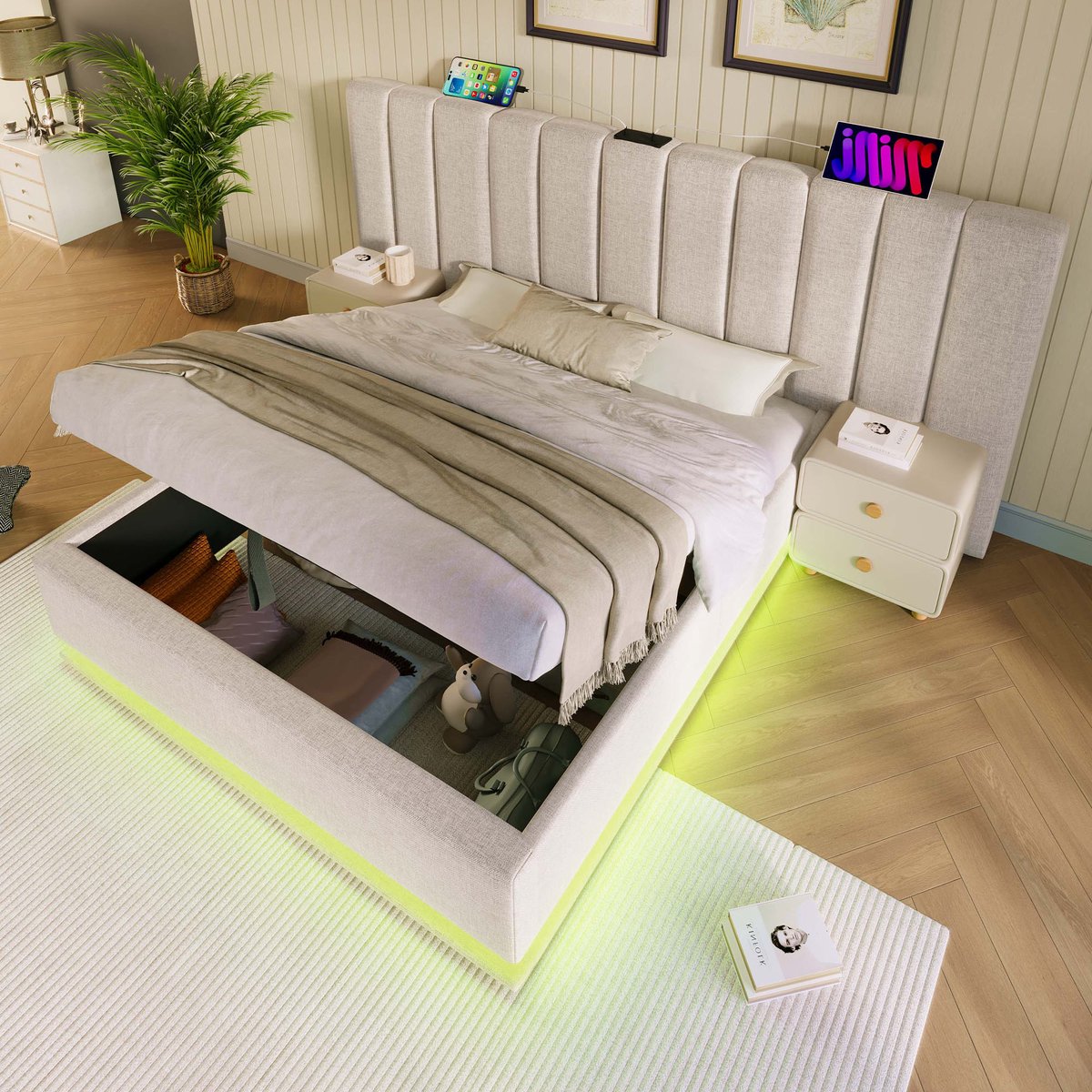 Wishdor - Gestoffeerd Opbergbed - Met LED En USB-C - Tweepersoonsbed - Linnen - Beige - 180 X 200 Cm