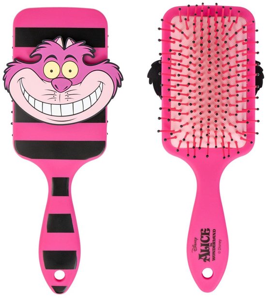 Roze haarborstel met zwarte strepen en een grote afbeelding van de grijnzende Cheshire Cat. De achterkant is roze met zwarte haren en het 'Alice in Wonderland' logo.