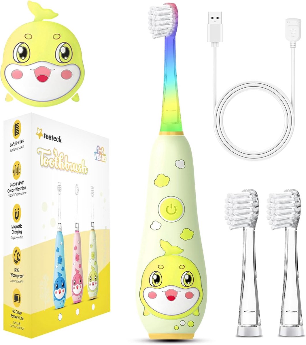 Elektrische Tandenborstel voor Kinderen 1-6 Jaar met Regenboog LED Licht - Zacht Ultrasoon & 2 Opzetborstels