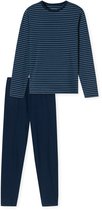 Donkerblauw pyjamaset met fijne witte streepjes op het shirt en effen broek.