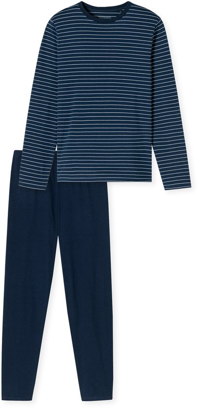 Ensemble de pyjama bleu marine à fines rayures sur le haut et pantalon uni.