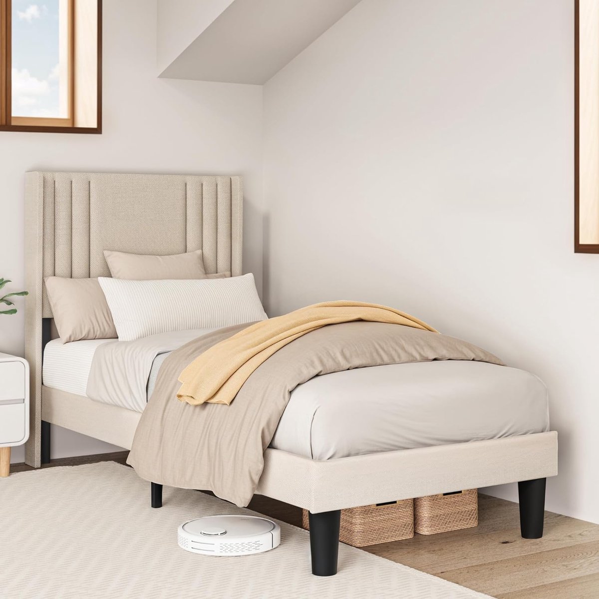 Gestoffeerd tweepersoonsbed 90x200cm met metalen frame en lattenbodem