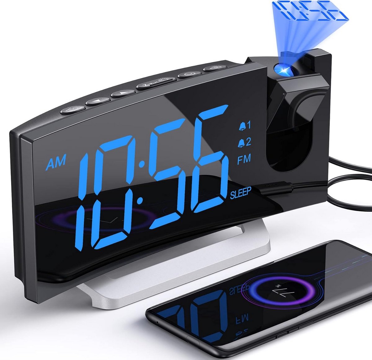 Digitale Wekker met 180° Draaibare Projector, FM Radio en Dimbaar Display