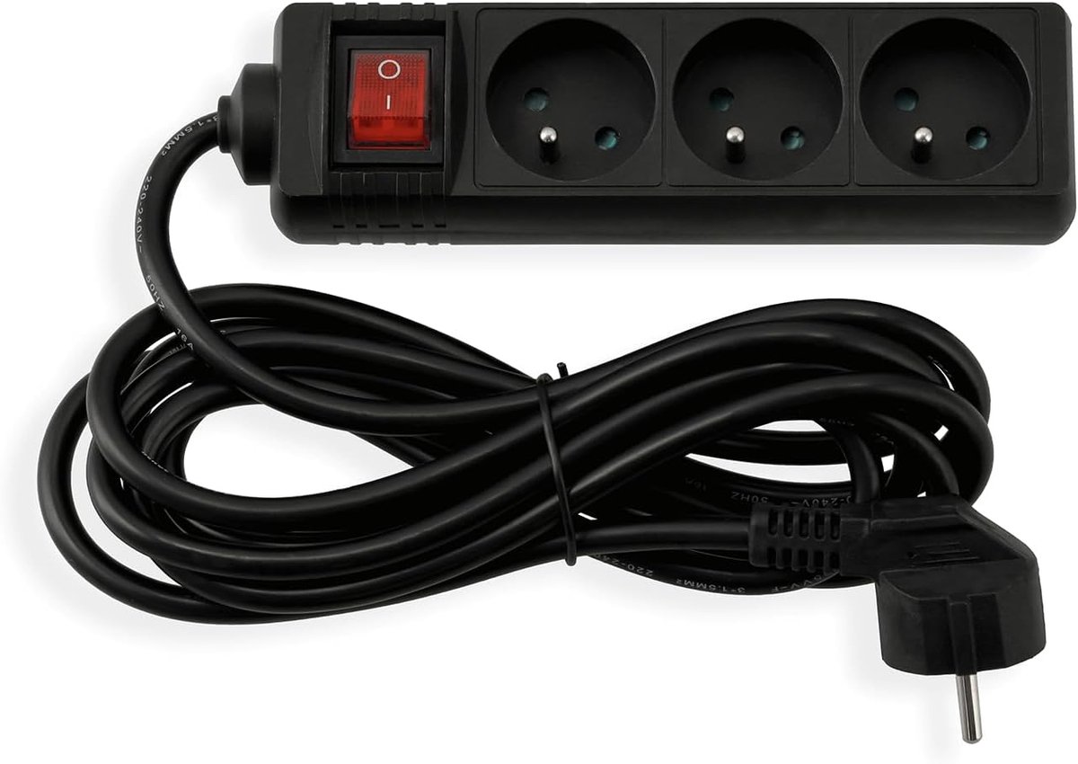 Verlengkabel met 3x 230V Stopcontact en Schakelaar - 3 Meter Zwart
