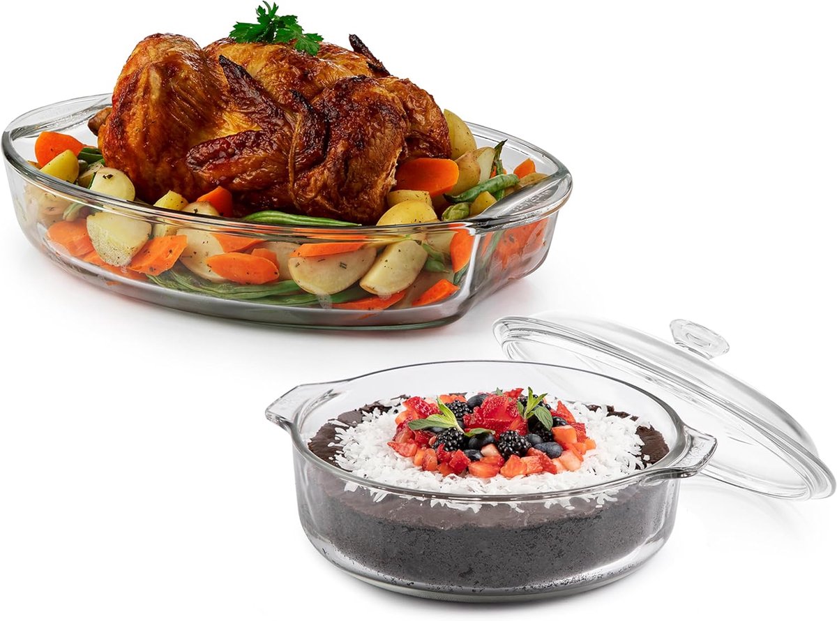 Ovenschotel Set 2-Delig van Glas met Deksel - Hittebestendig en Serveerschaal