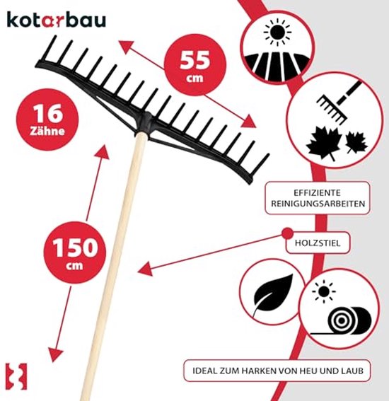KOTARBAU® Bladhark, Tuinhark, Kunststof Bladhark, 55 cm, met Houten Steel, Lichtgewicht Hark, Ergonomisch Ontwerp, Bladbezem voor Tuin, Zwart & Natuurlijke Houtkleur van Merkloos	 — afbeelding 4