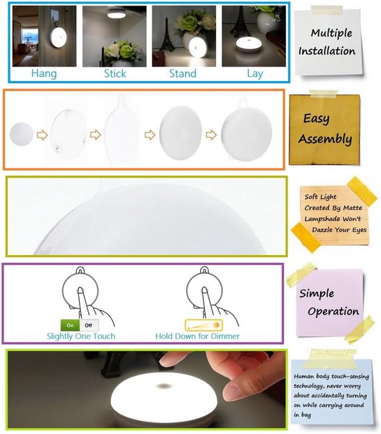Oplaadbare Stick-on Touch Nachtlamp voor Kinderen en Borstvoeding, Dimbare LED Kinderkamerverlichting van Merkloos — afbeelding 3