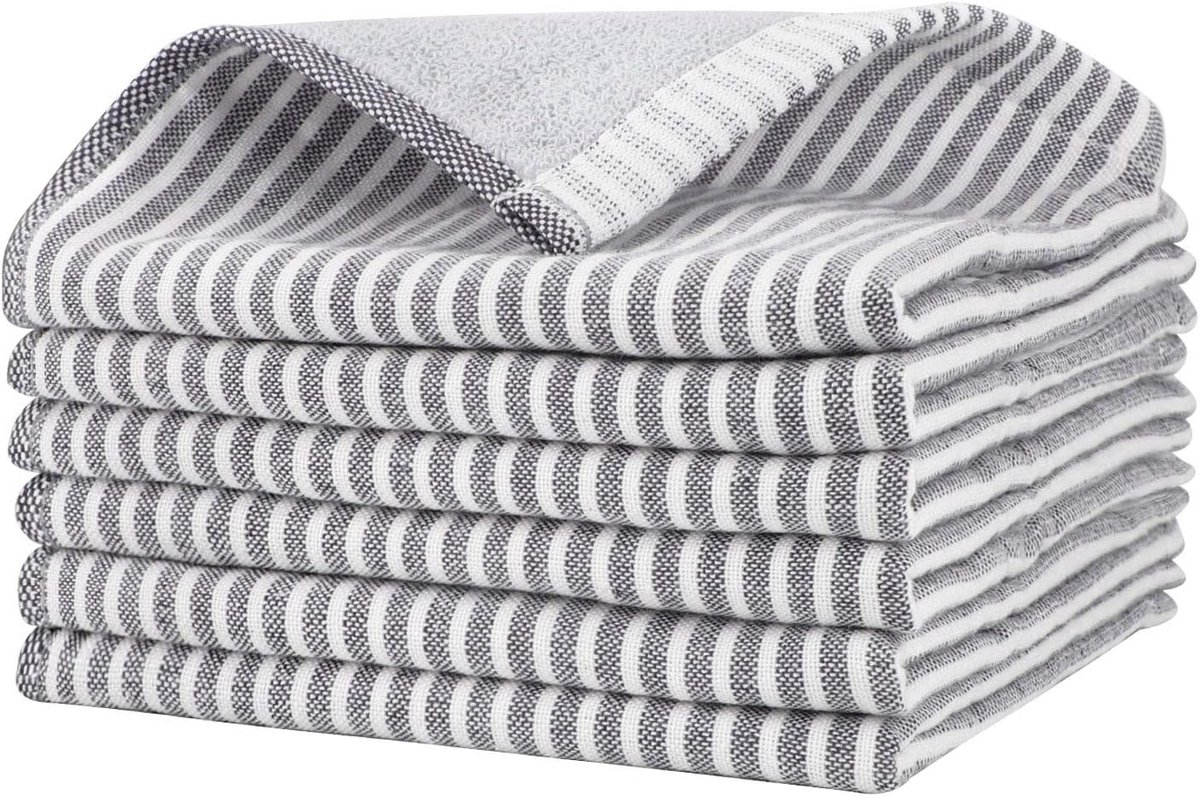 Set van 6 Gestreepte Keukenhanddoeken - 100% Katoen, Zeer Absorberend