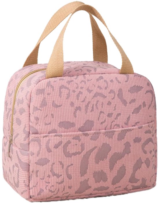 Sac à lunch rose avec imprimé léopard et poignées beiges.