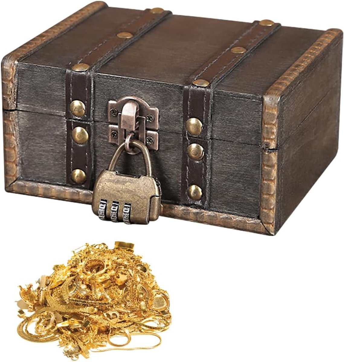 Houten Schatkist met Cijferslot - Vintage Opbergdoos voor Sieraden en Cadeaus