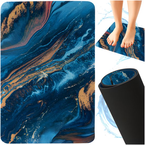Ruhhy Badmat marmer - blauw - antislip - 80 x 50 cm - badkamer - douchemat - absorberend